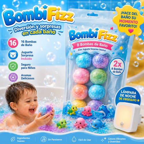 MagicBombi™ — Kit 16 Bombas de Baño con Juguete Sorpresa + Lámpara de Noche de Obsequio